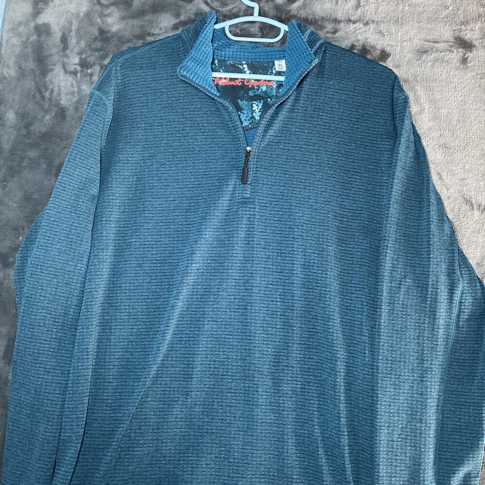 Robert Graham Speilberg Quarter Zip Pullover Men's XL Blue Waffle Knit Mock Neck